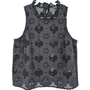 J Crew Womens Black Eyelet Floral Ruffle Neck Dark Coquette Sleeveless Top Small